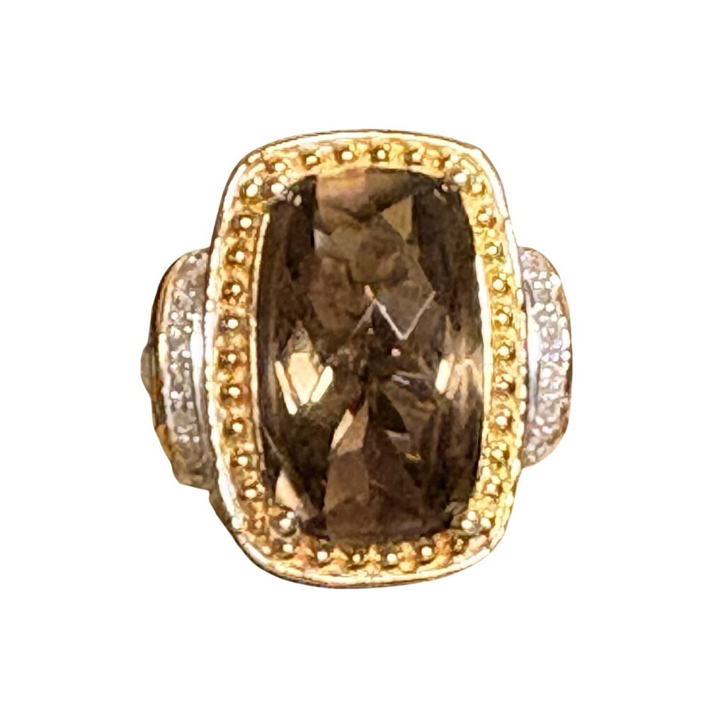 Sterling Silver, Gold Vermeil, Smoky Topaz & Diamond Ring Size 5 Marked NV